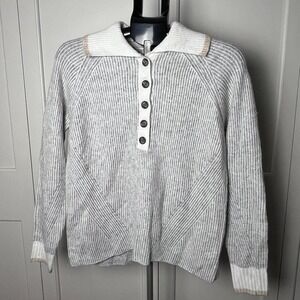 Aspen Women's Striped Button Henley Sweater Size Small Gray White Ribbed Collar
